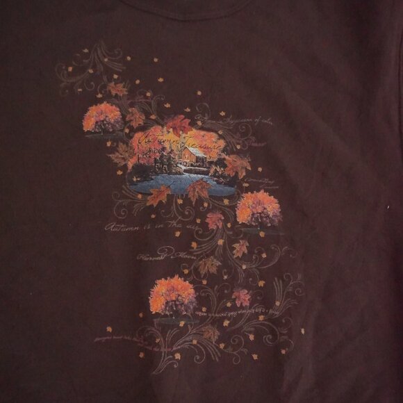 Vintage Jerzees Brown Autumn Landscape Cabin Lake Leaves Graphic Sweatshirt L - Picture 8 of 9